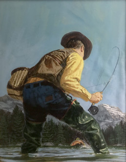 An angler with a creel slung over his left shoulder plays a trout.