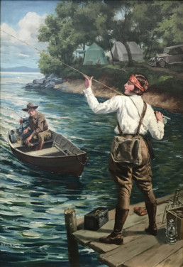 A female angler, her hair held back by a red band, checks her rod as she stands on a dock. A man approaces her in a motorboat.
