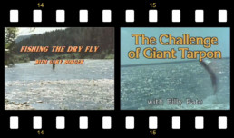 A film strip with the title screens of FIshing the Dry Fly with Gary Borger and The Challenge of Giant Tarpon with Billy Pate.