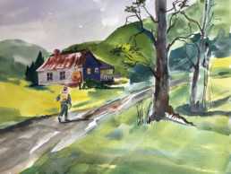 A watercolor depicting a man in fishing gear walking up a driveway towards a house.