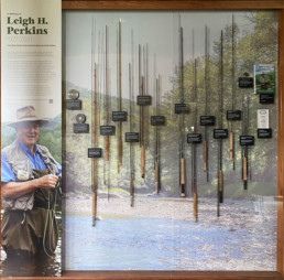 The Leigh Perkins exhibition at the museum, featuring rods and reels from his tenure at Orvis.