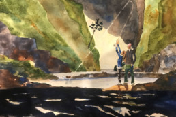 A watercolor of a girl standing at the edge of woodland pool, holding a rod straight up in the air, a fish clearly on the other end of the line. A man stands next to her.