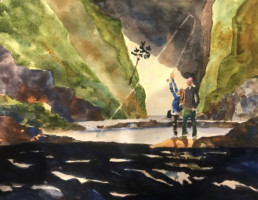 A watercolor of a girl standing at the edge of woodland pool, holding a rod straight up in the air, a fish clearly on the other end of the line. A man stands next to her.