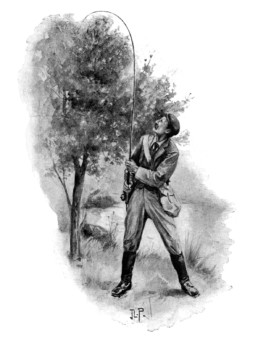 An 1899 line drawing of an angler looking back at the fly caught in a tree behind him.