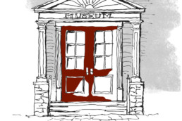 An illustration of the museum's red front door.