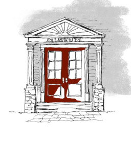 An illustration of the museum's red front door.