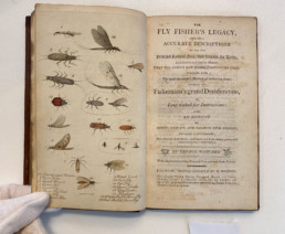 The Fly Fisher’s Legacy, containing accurate descriptions of all the principal natural flies, that frequent the water, laid down in such familiar manner, that the angler may readily distinguish them; together with the most successful method of imitating them; forming the fisherman’s grand desideratum, or long wished for instructions: also, an account of sewin, samlet, and salmon pink fishing, and many useful remarks; not selected from book, but deduced from many years real experience and observation. By George Scotcher. With engravings of the natural flies colored from nature. Chepstow: printed and sold by M. Willett; sold also by Messrs Major, Sheppard, Brown, and Parry, Bristol; Messrs Lackington, Allen, and Co. London, and by all the principal booksellers and fishing tackle venders in the United Kingdom. (circa 1800) is penciled at the bottom of the page.