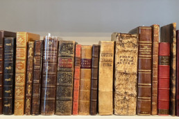 A row of books from the Thacher collection on a bookshelf.