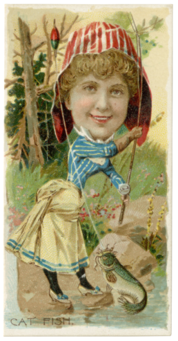 A painting of a smiling woman with a fish on her line. She's wearing a hat, long sleeves, and a skirt, and her head is oversized like a bobblehead doll. At the bottom is the caption Cat Fish.