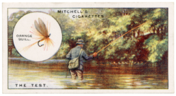 A painting of a man fishing in a stream, with an inset of a dry fly labeled 