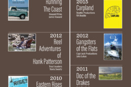 A timeline graphic listing the films feature at the AMFF Film Exhibit at the Wonders of Wildlife: Feeding Time, Chasing Silver, Running Down the Man, Connected, Red Gold, Metalhead, Alpine Bass, Eastern Rises, Doc of the Drakes, Reel Adventures of Hank Patterson, Gangsters of the Flats, Carpland, Running the Coast, Providence, 120 Days, My Mom Valla, Next Gen, Common Thread, Time, and Mighty Waters.