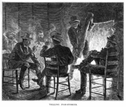 A line drawing of men sitting in a cabin around a fire, chatting and smoking.