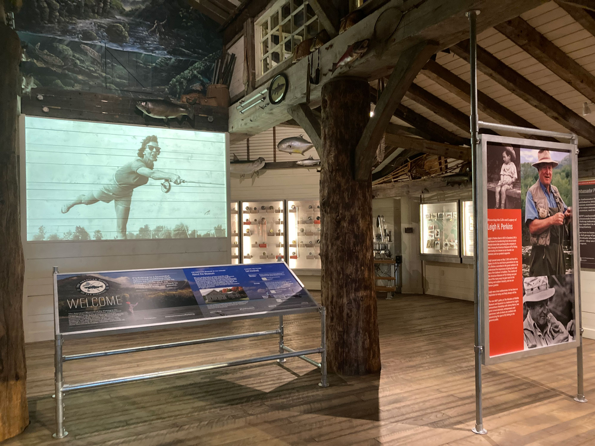 The entryway to the new AMFF gallery at the Wonders of Wildlife, including a welcome panel and a tribute to Leigh Perkins.