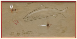 A fish, two fishing flies, and interlocking hearts—all hand drawn—on a piece of brown paper. The text reads 