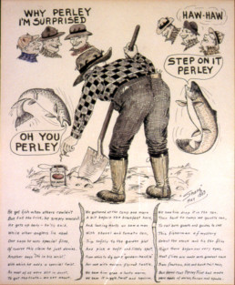 A humorous illustration of a man with a shovel bending over to put a worm in a can. Drawing of fish and men, all of whom are mocking the subject, Perley, surround the figure.