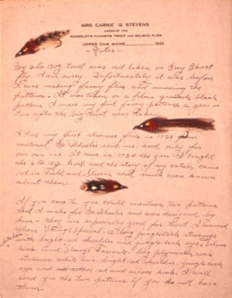 A handwritten letter from Carrie Stevens with three of her flies sitting in various open spaces in the text.