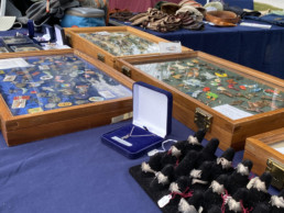 Fish rings, a wide variety of pins, and a necklace are displayed on a table.