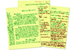 Handwritten pages from John Voelker. They're written in green marker on lined yellow paper, with edits added in red marker.