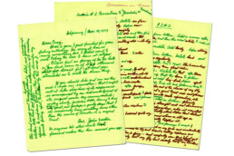 Handwritten pages from John Voelker. They're written in green marker on lined yellow paper, with edits added in red marker.