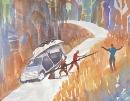 Two black men prepare to use a long branch and a rock to jack up a van with a flat tire. There is a boat with a ruined bottom strapped to the top of the vehicle. A third black man stands nearby, his arms outstretched as if in encouragement.