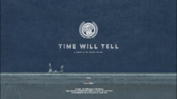 A promo image for Time Will Tell, announcing it as an official 2025 selection for the International Fly Fishing Film Festival. The painting depicts to people on a saltwater flats boat, one fishing and one poling. The top two thirds of the image is dark blue, while the water is dark slate green.